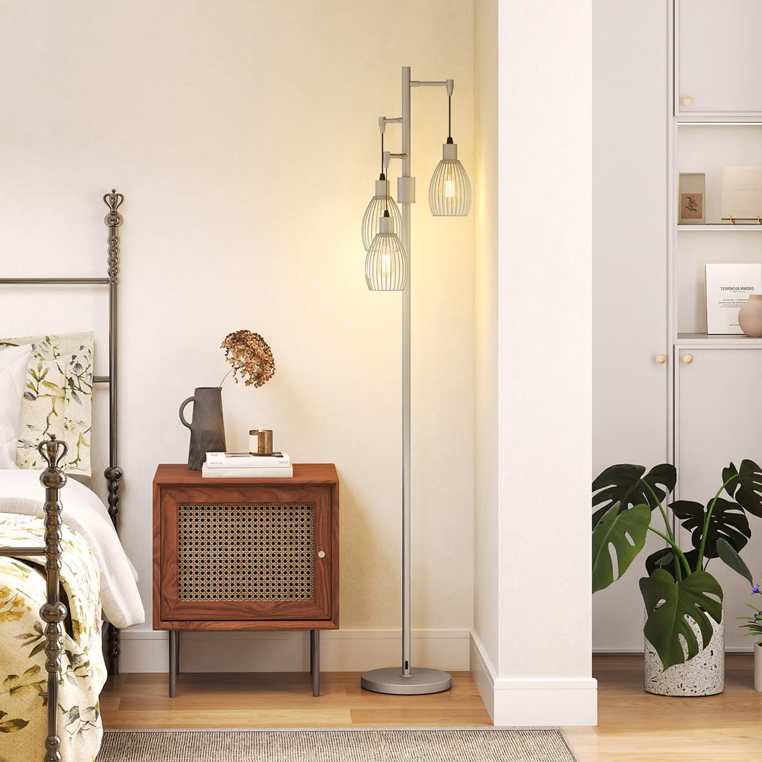 HOMCOM Industrial Dimmable 3-Light Floor Lamp with Steel Wire Cage Lampshades, Silver Tone, Height: 170.5 cm – 6