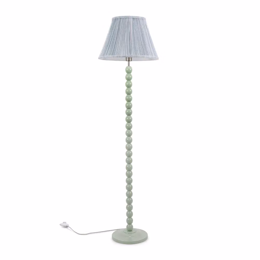 ValueLights Bobbins Sage Green Floor Lamp with Blue Fabric Pleated Shade and LED Bulb – 2
