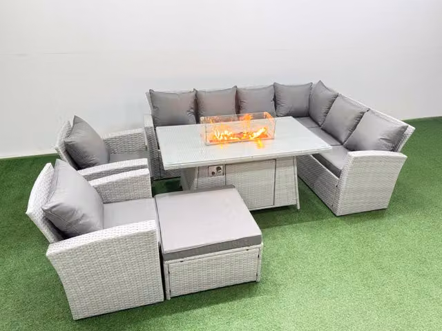 Fimous Outdoor Garden Dining Set with Gas Fire Pit Table and Footstools in Light Grey