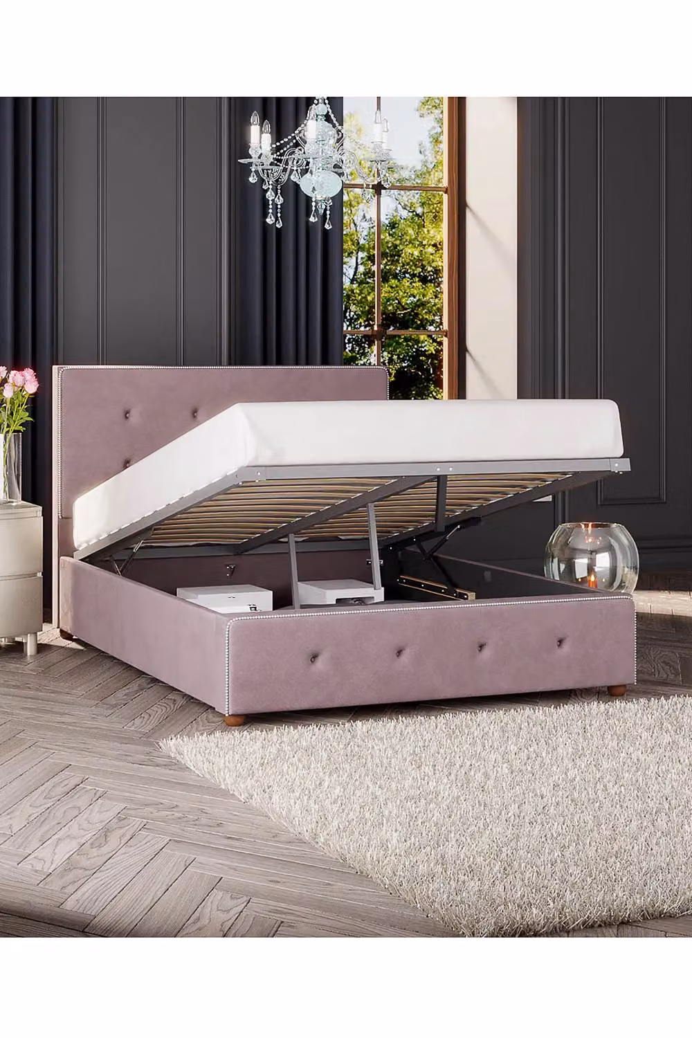 Laurence Llewelyn-Bowen Hesper Ottoman Storage Bed in Pink Plush Velvet Fabric, Double Size (140 x 200 cm) – 2