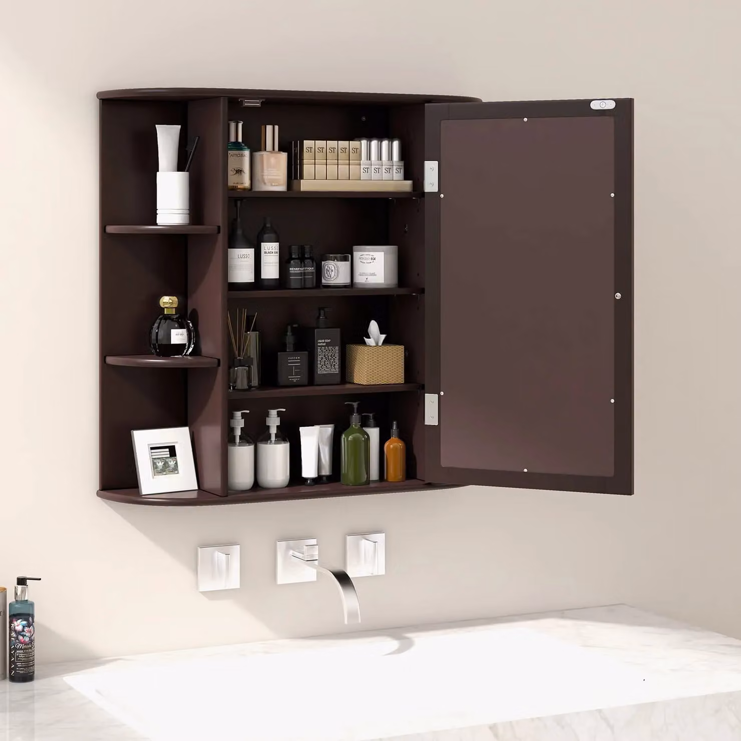 Gymax Modern Wooden Mirrored Bathroom Cabinet in Dark Brown – 9