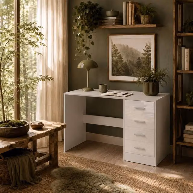 Wyld Haus Reka Modern Glossy White Writing Desk with Dual Pedestal Drawers, H: 98 cm, W: 120 cm, D: 60 cm
