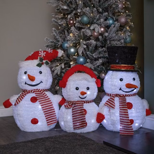 Samuel Alexander Set of 3 White Light up Foldable Cloth Christmas Snowmen with 130 White LEDs, Height: 70 cm – 1