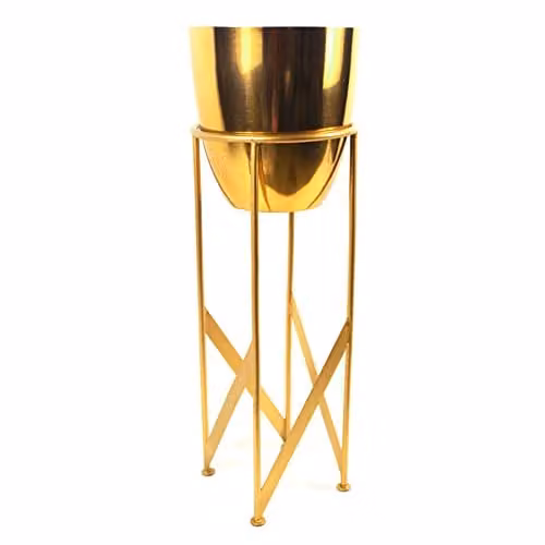 Leaf Gold Metal Plant Stand with Yellow Planter, Height: 55 cm