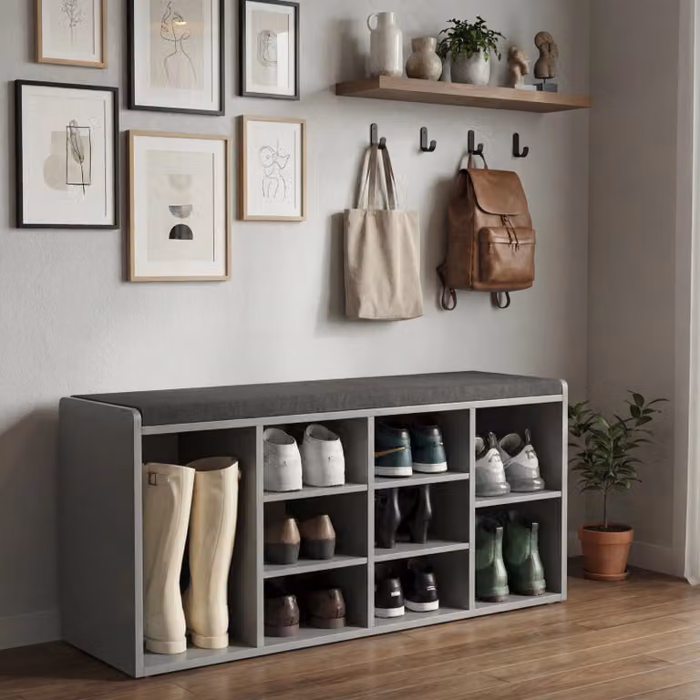 Modern Grey and White Fabric Shoe Storage Bench Cabinet for Hallways W/D/H: 100 x 30 x 48 cm