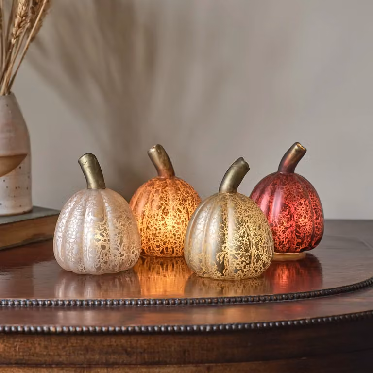 Lights4Fun Set of 4 Multicolour Miniature Glass Pumpkin Decorations for Autumn and Halloween Tabletop Styling
