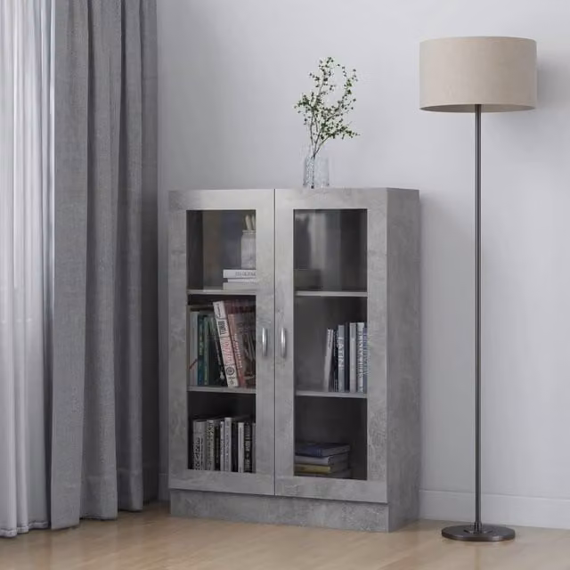 Berkfield Home Vitrine Cabinet in Concrete Grey with Glass Doors and Internal Shelves, W/D/H: 82.5 x 30.5 x 115 cm – 1