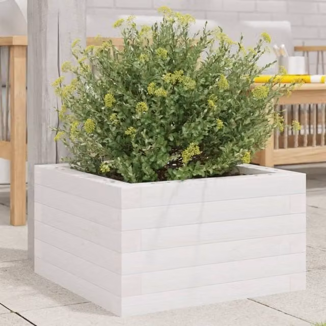Berkfield Home White Solid Wood Pine Garden Planter Tub W/D/H: 40 x 40 x 23 cm