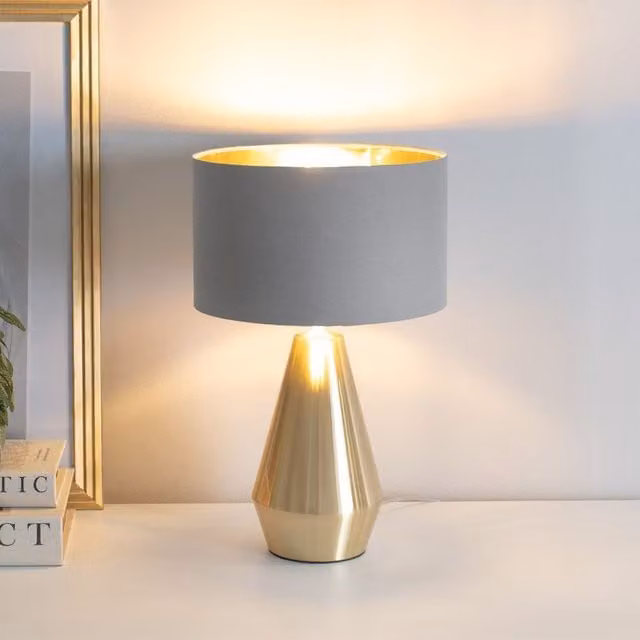 ValueLights Jax Dimmable Touch Table Lamp in Grey and Gold with Fabric Drum, Gold Inner Shade and Bulb Included