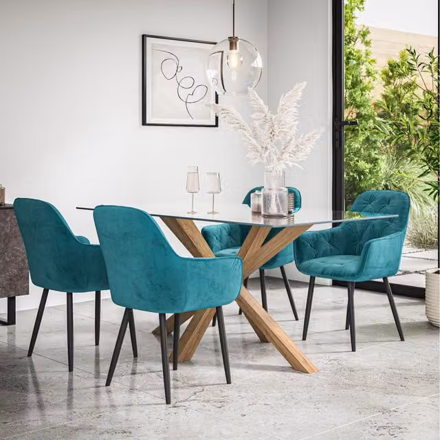More4Homes Etta Glass Dining Table Set with Solid Oak Legs and 6 Blue Anika Velvet Chairs