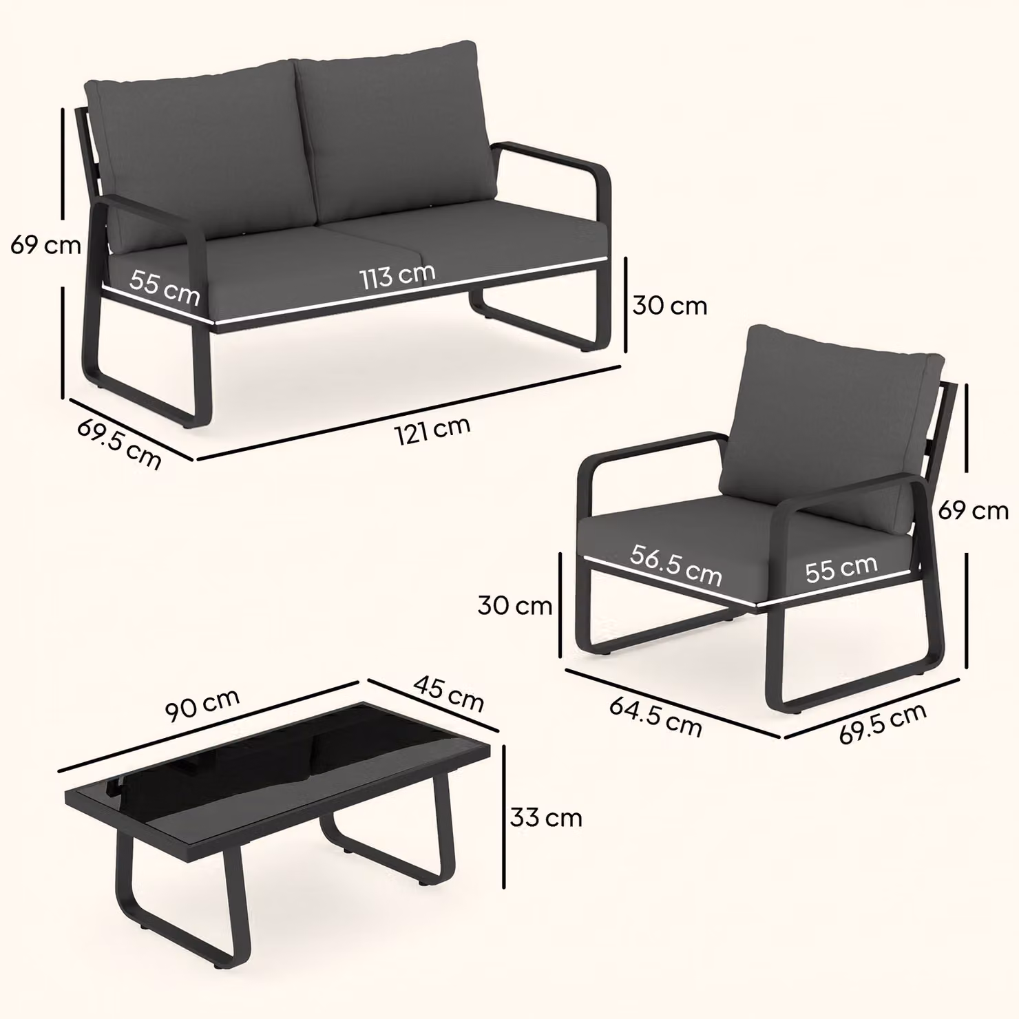 Outsunny 4 Piece Grey Garden Furniture Set with Upholstered 2 Seater Sofa, 2 Armchairs, Glass Top Coffee Table and Cushions – 3