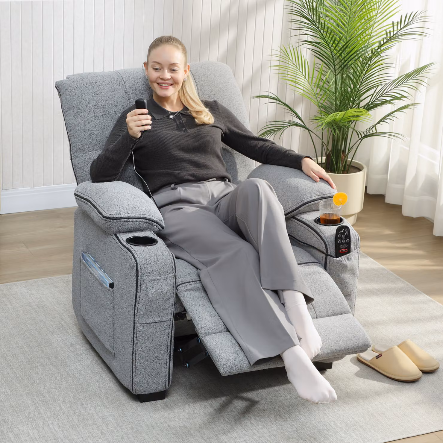 HOMCOM Grey Velvet Electric Massage Recliner Armchair with Heat, Vibration, USB Port and Cup Holders – 2