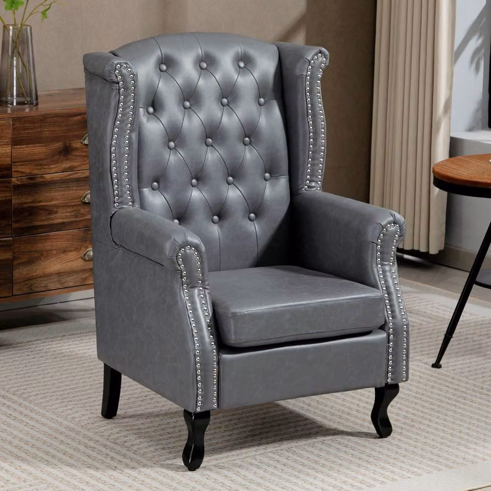 STILVORA Chesterfield Armchair with Grey Faux Leather Upholstery and Solid Wood Frame – 3