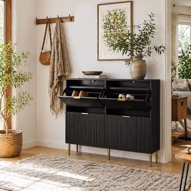 Wyld Haus Cofa Zimo Black Modern Shoe Cabinet with Gold Handles and Tilting Compartments H 105.0 cm x W 91.5 cm – 1
