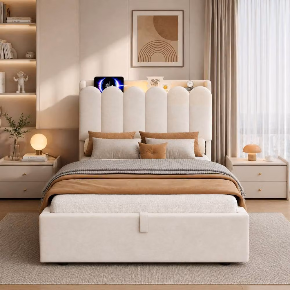 BTM Single Velvet Ottoman Bed in Beige with Integrated Reading Light and USB Charging Port, W/D/H: 90 x 190 cm – 3