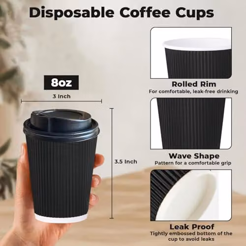 ECONX 500 x 8oz Black Ripple Disposable Insulated Triple Wall Kraft Paper Coffee Cups with Lids – 2