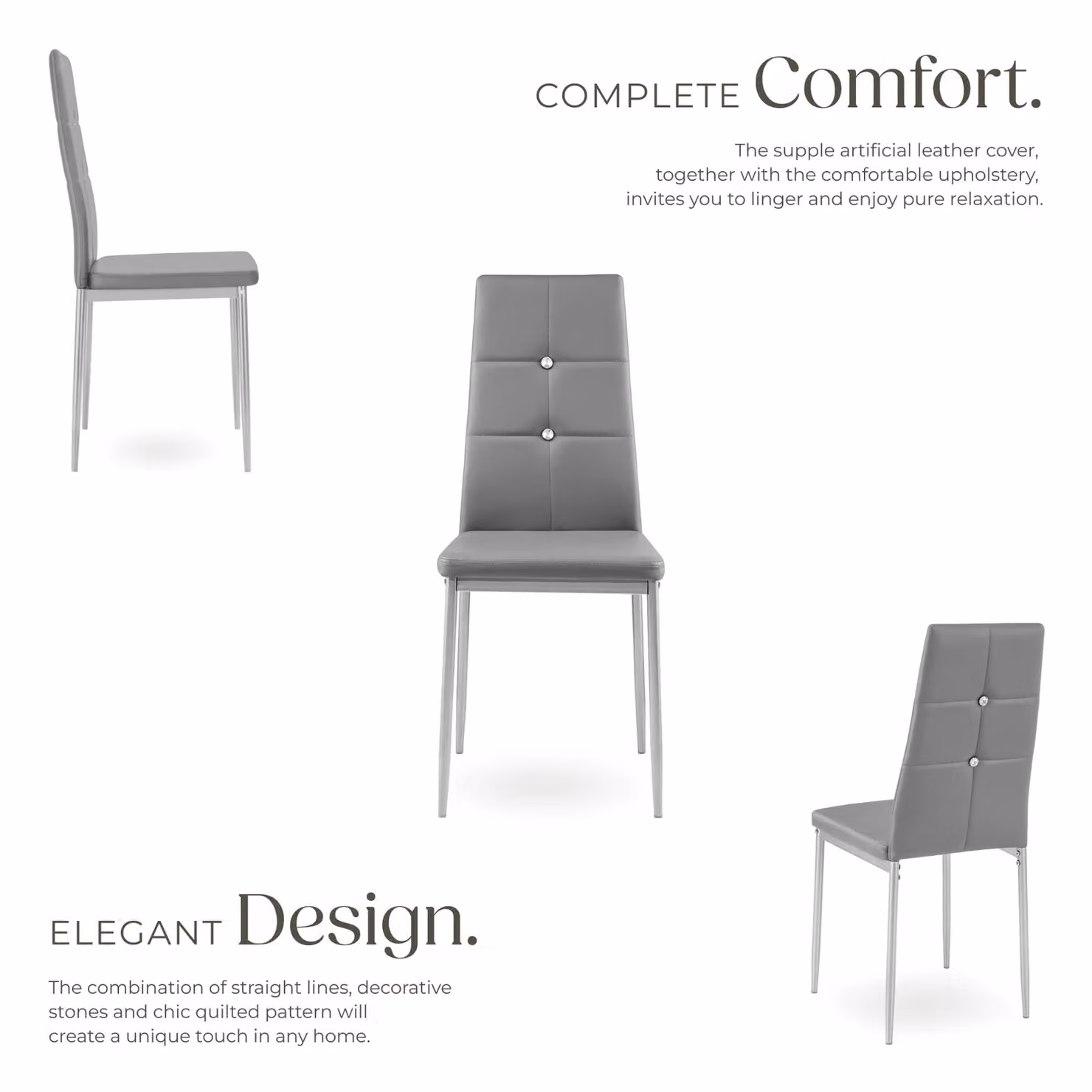 tectake Julien Set of 4 Modern Dining Chairs in Grey Synthetic Leather – 3