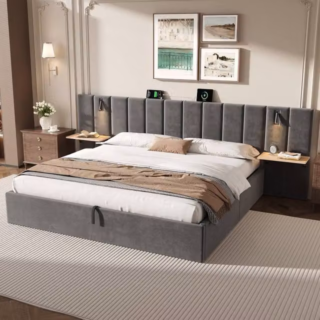 BTM Grey Velvet Upholstered Super King Bed with Lift Up Storage, USB Charging Port and Integrated Reading Light, W/D/H: 200 x 200 cm