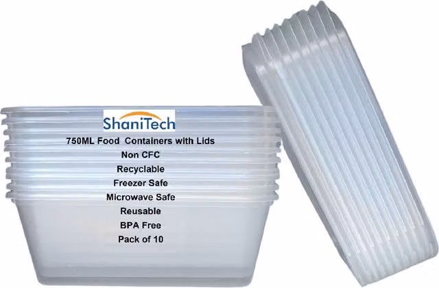 ShaniTech Pack of 10 Reusable Microwave Safe Takeaway Food Containers with Lids, Transparent, 0.75 l