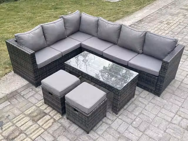 Fimous 8 Seater Rattan Corner Sofa Lounge Set with Rectangular Coffee Table and 2 Stools, Left Hand, Dark Grey