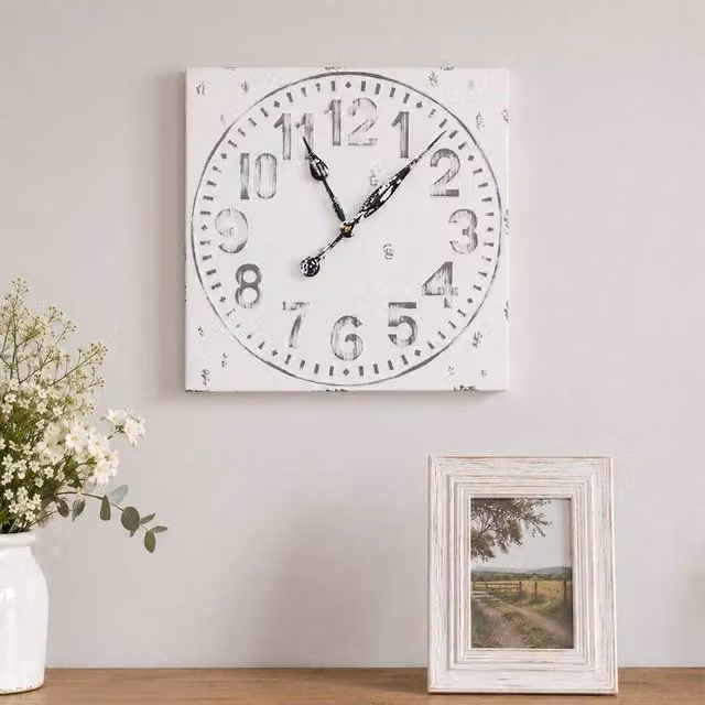 Melody Maison Antique Distressed White Square Wall Clock with Grey Details, W/H: 50 x 50 cm
