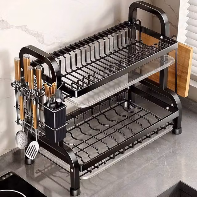 FORGEVIO 2 Tier Large Metal Dish Drainer Plate Rack with Cutlery Holder and Drip Tray in Black – 1