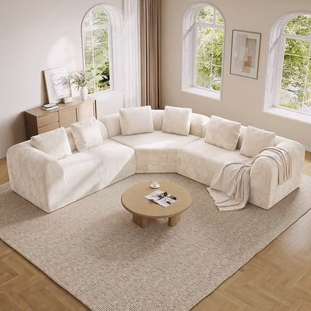 Dprodo Modular L-Shaped Chenille Corner Sofa in Beige with Scatter Cushions
