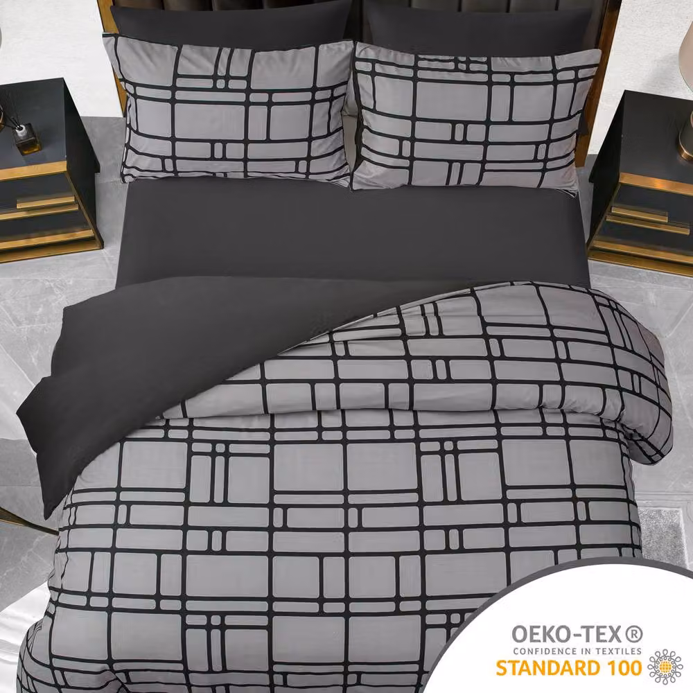 Pamposh Black and Grey Reversible Microfibre Duvet Cover Set with Graphic Design, 200 x 200 cm – 3