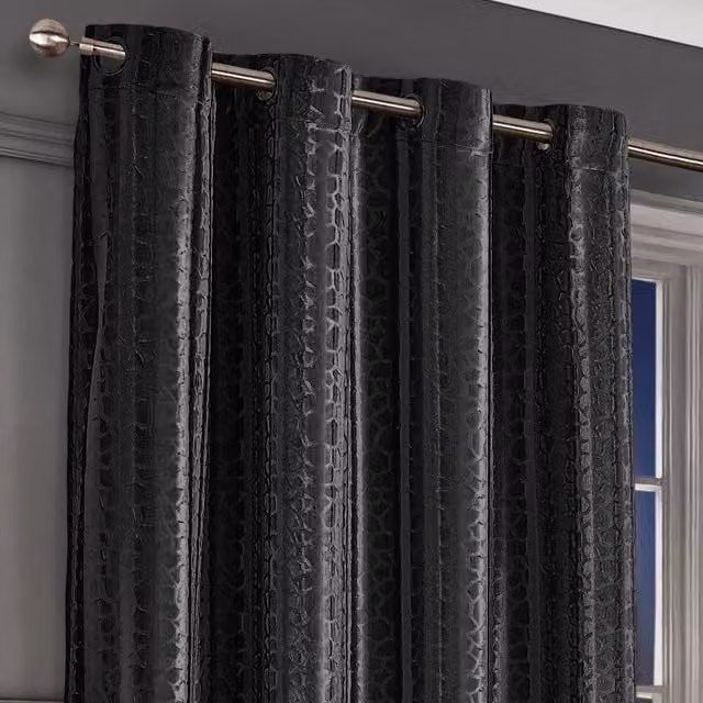 Intimates Verity Crushed Velvet Embossed Blackout Eyelet Curtains, Black, Width: 140 cm, Drop: 137 cm