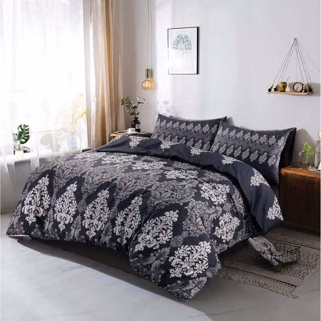 HomeSpace Direct Boho Floral Duvet Cover Set in Black and White, 200 x 200 cm