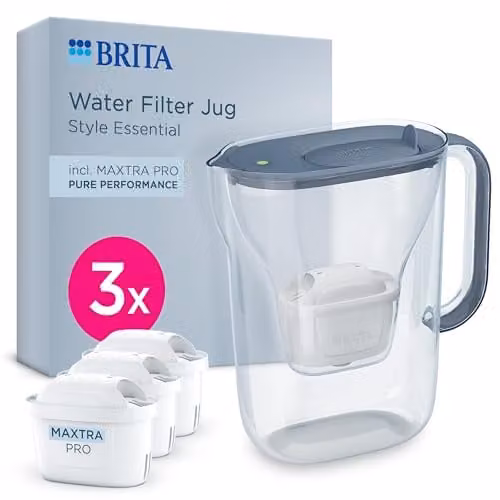BRITA Style Essential Water Filter Jug in Stone Blue, 2.4 l, including 3x MAXTRA PRO Pure Performance Cartridges