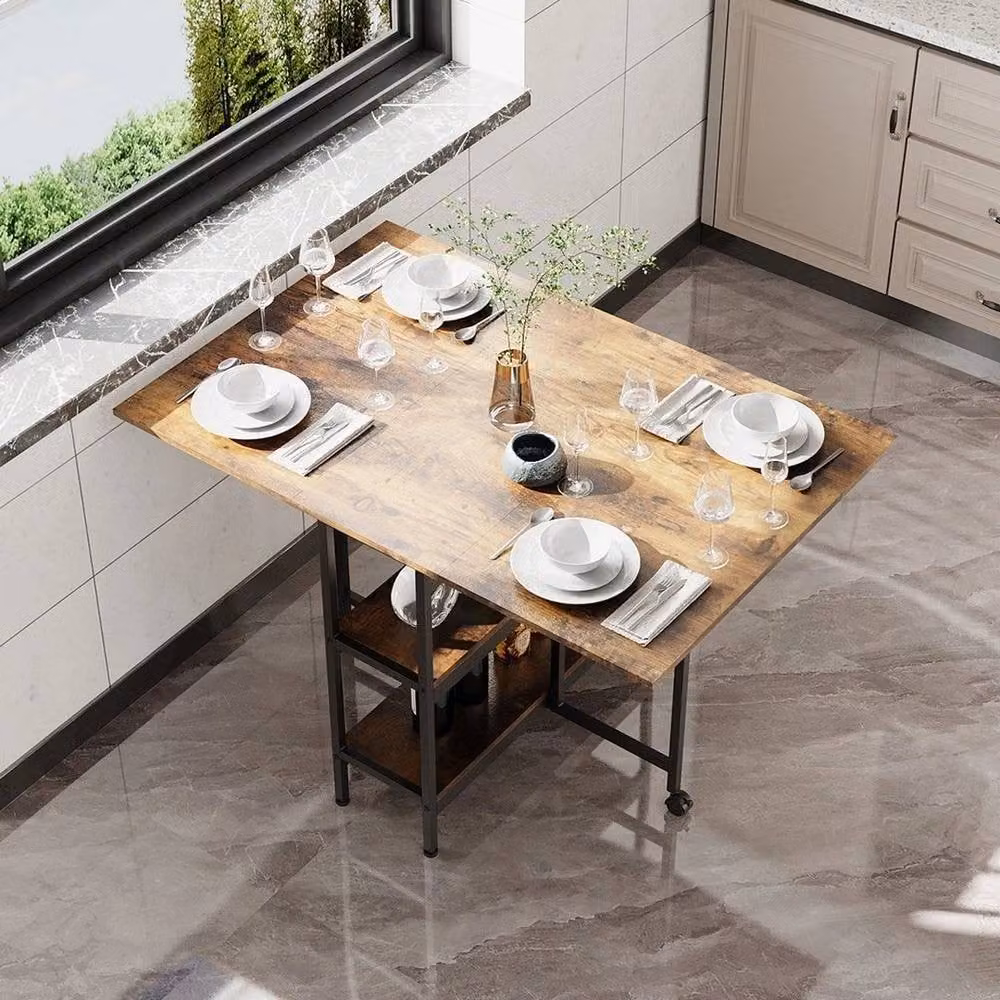 KORVIXA Retro Brown Foldable Drop-Leaf Dining Table with Castors – 5