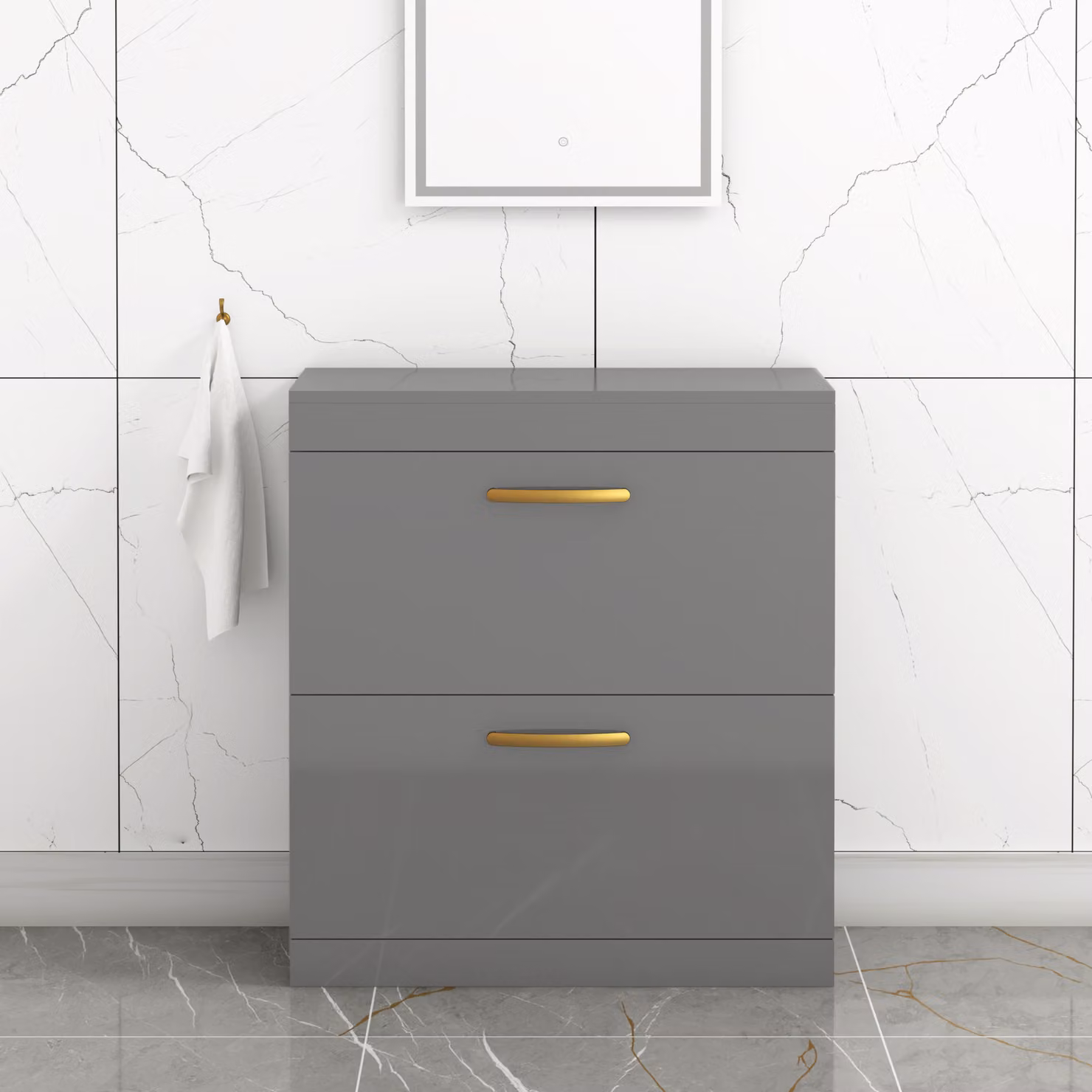 Royal Bathrooms Turin 800mm Indigo Grey Gloss Floor Standing 2 Drawer Worktop Vanity Unit with Brushed Brass Handle