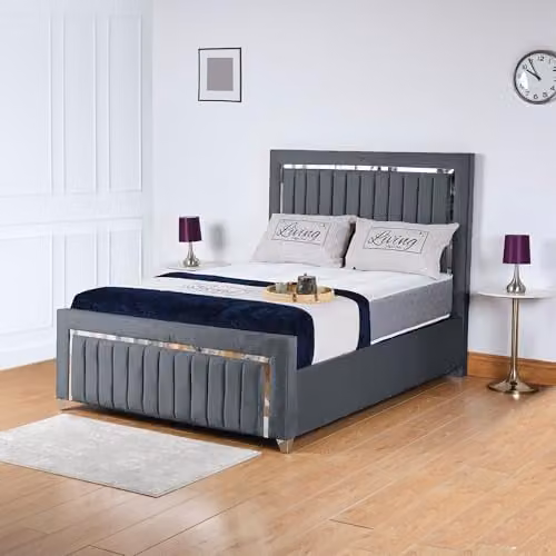Living Comfort Bedz Zurich Plush Velvet Super King Bed in Steel Grey with Vertical Lined Headboard and Silver Trim Detailing, W/D/H: 200 x 190 x 122 cm – 1