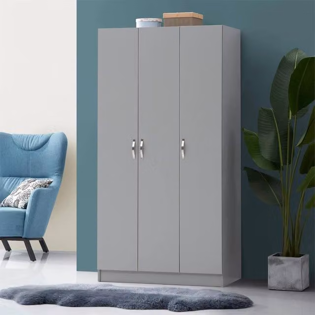 Timber Art Design 3 Door Modern Wardrobe Storage Unit with Hanging Rail in Matt Light Grey, H 180 cm x W 90 cm x D 45 cm