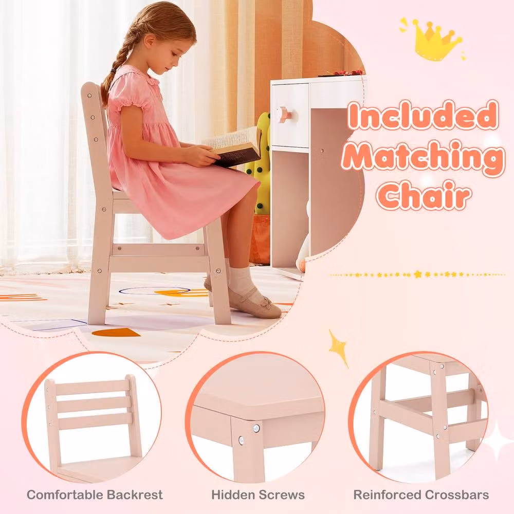 Costway Kids Vanity Table and Chair Set with Lighted Mirror in Pink – 2