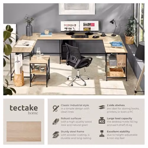 tectake Corner Desk in Industrial Design with Oak MDF and Black Metal Frame, W/D/H: 200 x 138 x 75.5 cm – 3