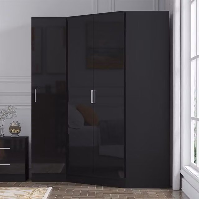 REFLECT Wardrobe Bundle featuring a 2 Door Corner and 1 Door unit in Black Gloss and Black Oak with Soft Close Hinged Doors