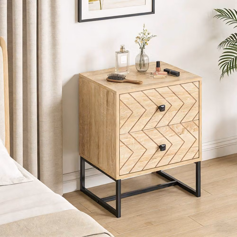 Wyld Haus Nema Diso Natural Wood 2 Drawer Nightstand with Zig Zag Chevron Design, Brown and Black, W: 39.5 cm, D: 48 cm, H: 60 cm – 3