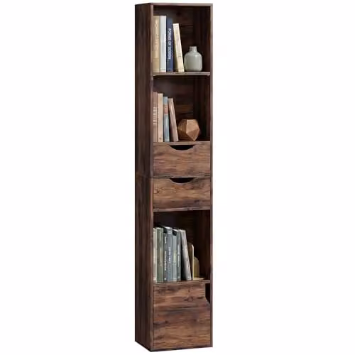 HOMCOM 3-Tier Modern Bookcase with Drawers and Adjustable Shelves, Brown – 1