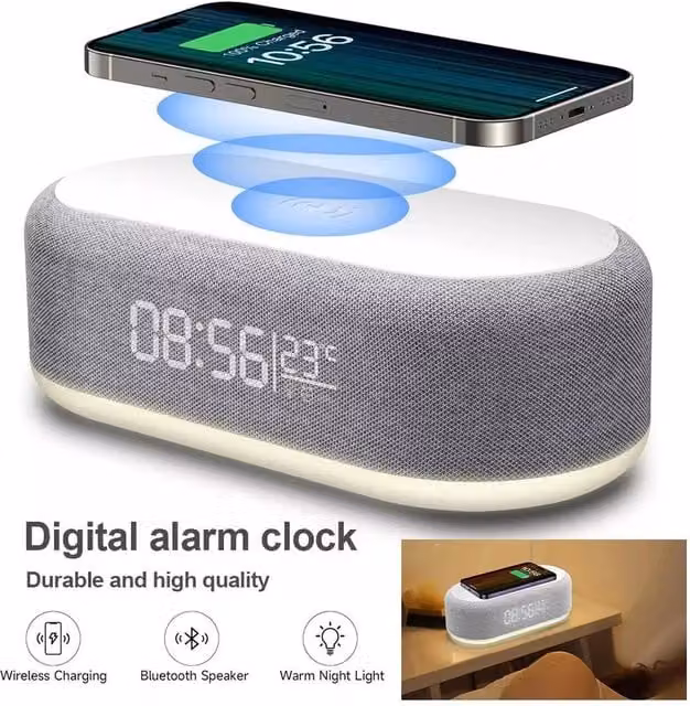 NESTLUNE Wireless Charger Dock and Alarm Clock Charging Station, Grey, W: 100 cm, D: 15 cm, H: 15 cm – 1