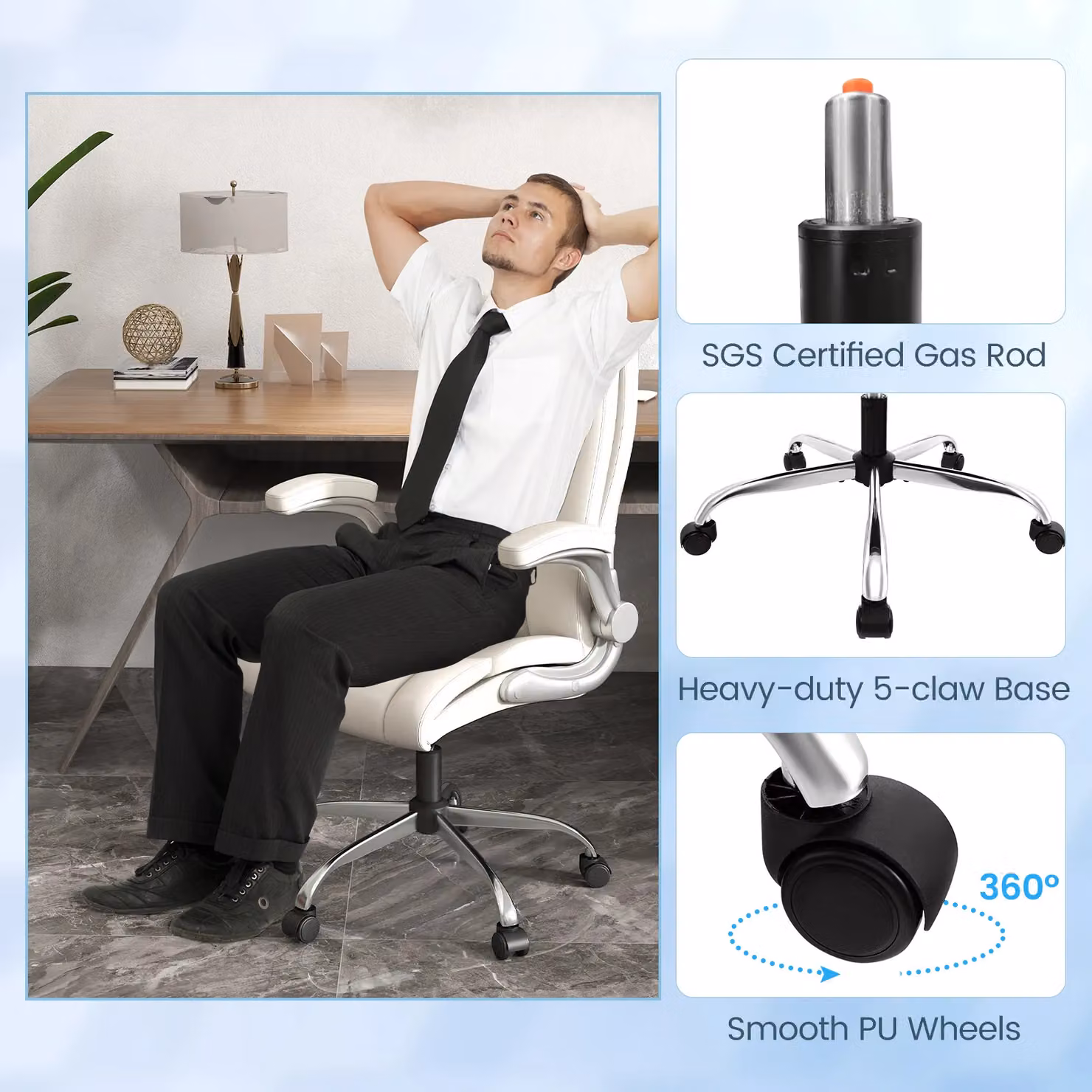 Costway Beige PU Leather Executive Office Chair with Headrest and Armrests – 4