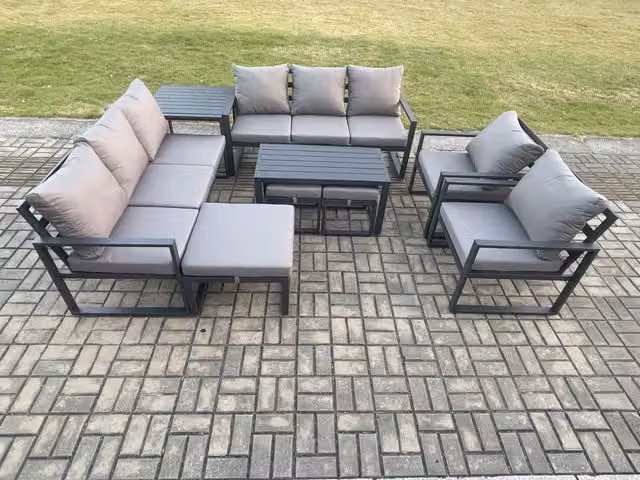 Fimous Modern Aluminium Outdoor Garden Furniture Set in Dark Grey with 3-Seater Sofa, 2-Seater Sofa, Coffee Table, Side Table and 3 Footstools