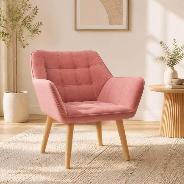STILVORA Pink Velvet Tub Chair with Armrests and Wooden Legs – 1