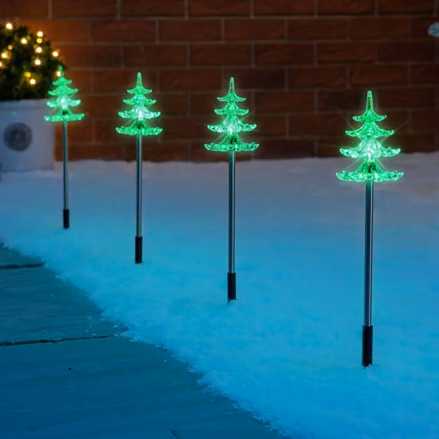 Christow Set of 4 Green LED Christmas Tree Path Lights, Battery Operated Outdoor Garden Decorations