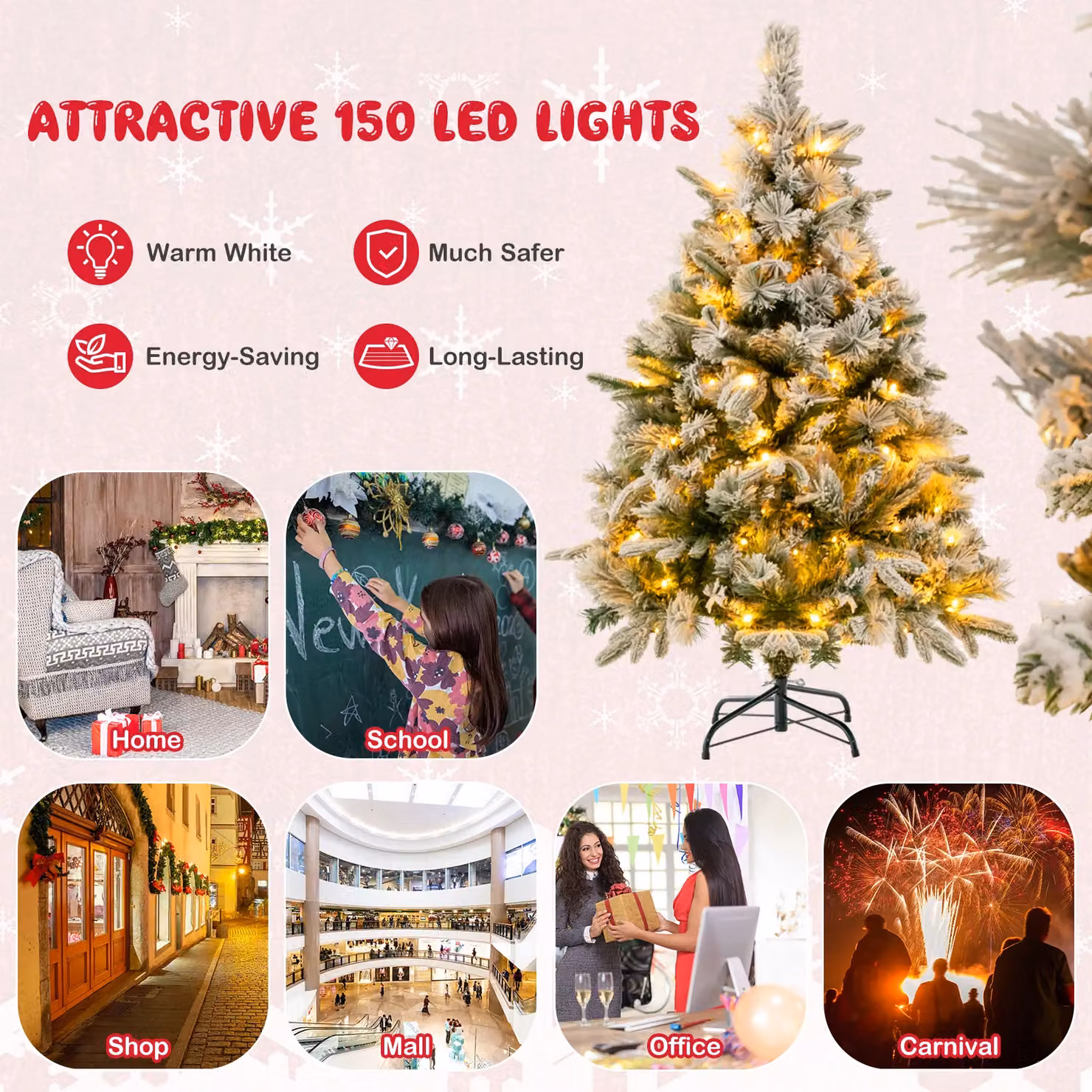 Gymax 136 cm Flocked Green Christmas Tree with 384 Mixed Tips and 150 LED Lights – 3