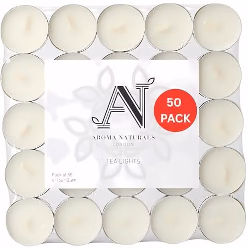 Aroma Naturals London Unscented White Tealight Candles in Aluminium Cups, D3.8 x H1.45 cm, 50 Pack – 1
