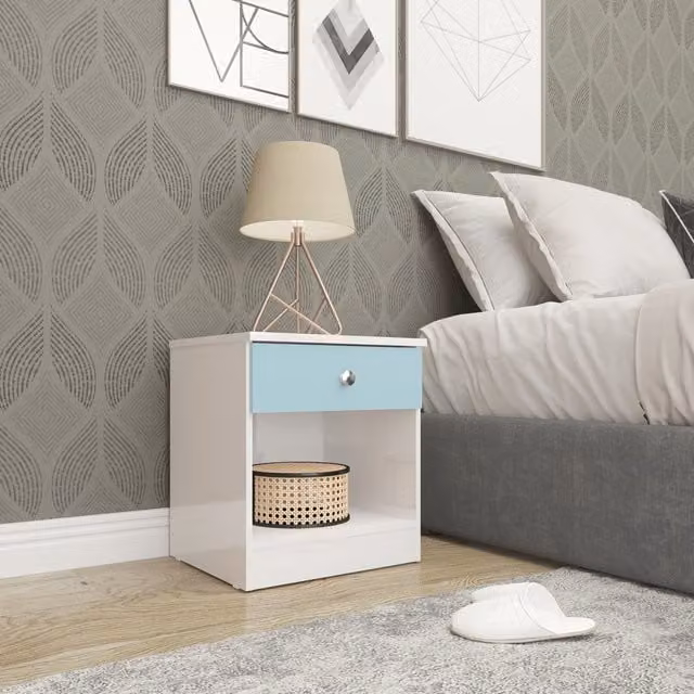 Seconique Denver 1 Drawer Bedside Table in White and Blue Gloss