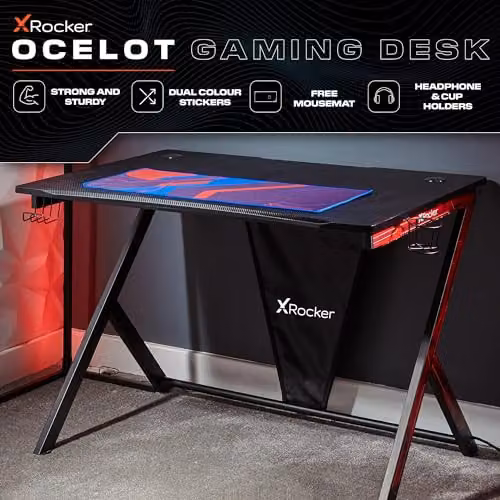 X-Rocker Ocelot Y-Shaped Gaming Desk with Metal Frame, Headphone Hook, Cup Holder and Mouse Mat, W: 115 cm, D: 73 cm, H: 77 cm – 3
