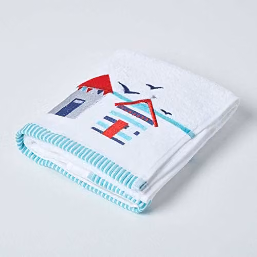 Homescapes Beach Hut Embroidered Hand Towel in Blue, Red and White, 100% Cotton, 550 GSM